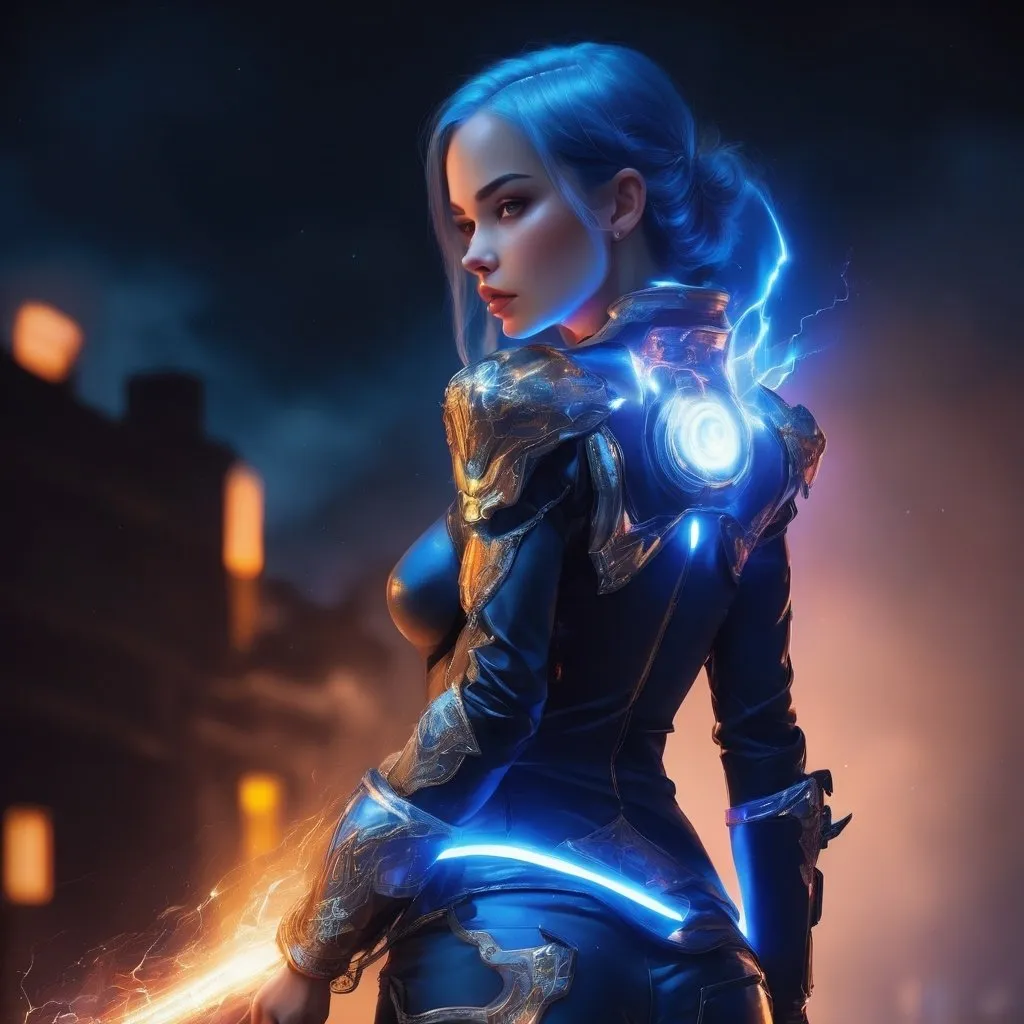 Prompt: women in future,  dream, fantasy, hight colors, hight quality, on face light shapes shining in the dark, big fantasy gun, electronic, she wear elastick future fantasy clothers, ready to fight, on clothers one shining hearth in the dark, blue short lightning hear, 