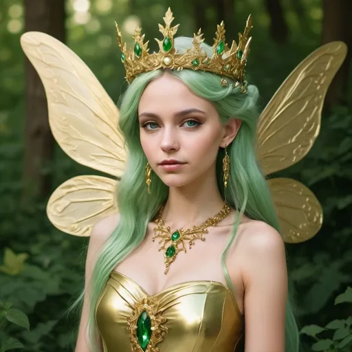 Prompt: queen of earth, grandiose luxury gold dreaming fairy and natural dress, natural grandiose luxury gold fairy and dreaming crown, natural green hair, grandiose, dreaming, fairy, natural, luxury, gold, queen, she has natural fairy luxury gold and grandiose wings, she has luxury natural grandiose fairy and dreaming scepte