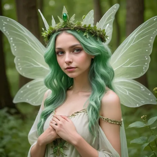 Prompt: queen of earth, grandiose dreaming fairy and natural dress, natural grandiose fairy and dreaming crown, natural green hair, grandiose, dreaming, fairy, natural, she has  natural fairy and grandiose wings