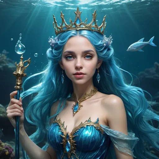 Prompt: Sea girl, elf, fantasy, queen water grandiose dress, she is Queen, grandiose water crown, sea, dreaming, under water world, she has blue ocean hair, in hand she has blue fairy sceptre, hight quality
