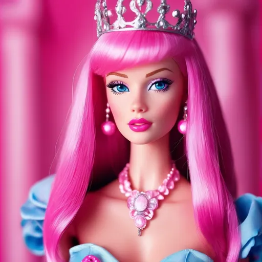 Prompt: barbie, pink, fantasy, dream, women with pink hair and pink clothers, pink luxury, live in pink dream barbie kingdom, she is pink queen, lovely, with blue eyes, she is dangerous