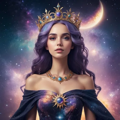 Prompt: Queen of galaxy, grandiose galaxy and luxury dress, galaxy graniose Sun crown, galaxy hair, galaxy, grandiose, luxury, Sun, Moon, fantasy, dreaming 