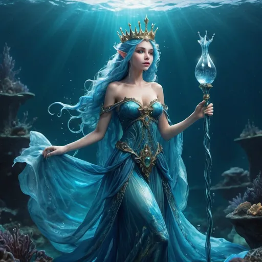 Prompt: Sea girl, elf, fantasy, queen water grandiose dress, she is Queen, grandiose water crown, sea, dreaming, under water world, she has blue ocean hair, in hand she has long blue fairy sceptre 
