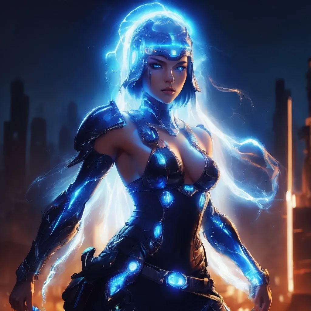 Prompt: women in future, dream, fantasy, hight colors, hight quality, on face light shapes shining in the dark, big fantasy gun, electronic, she wear elastick future fantasy clothers, ready to fight, on clothers one shining hearth in the dark, blue short lightning hear, on head one blue light eye 