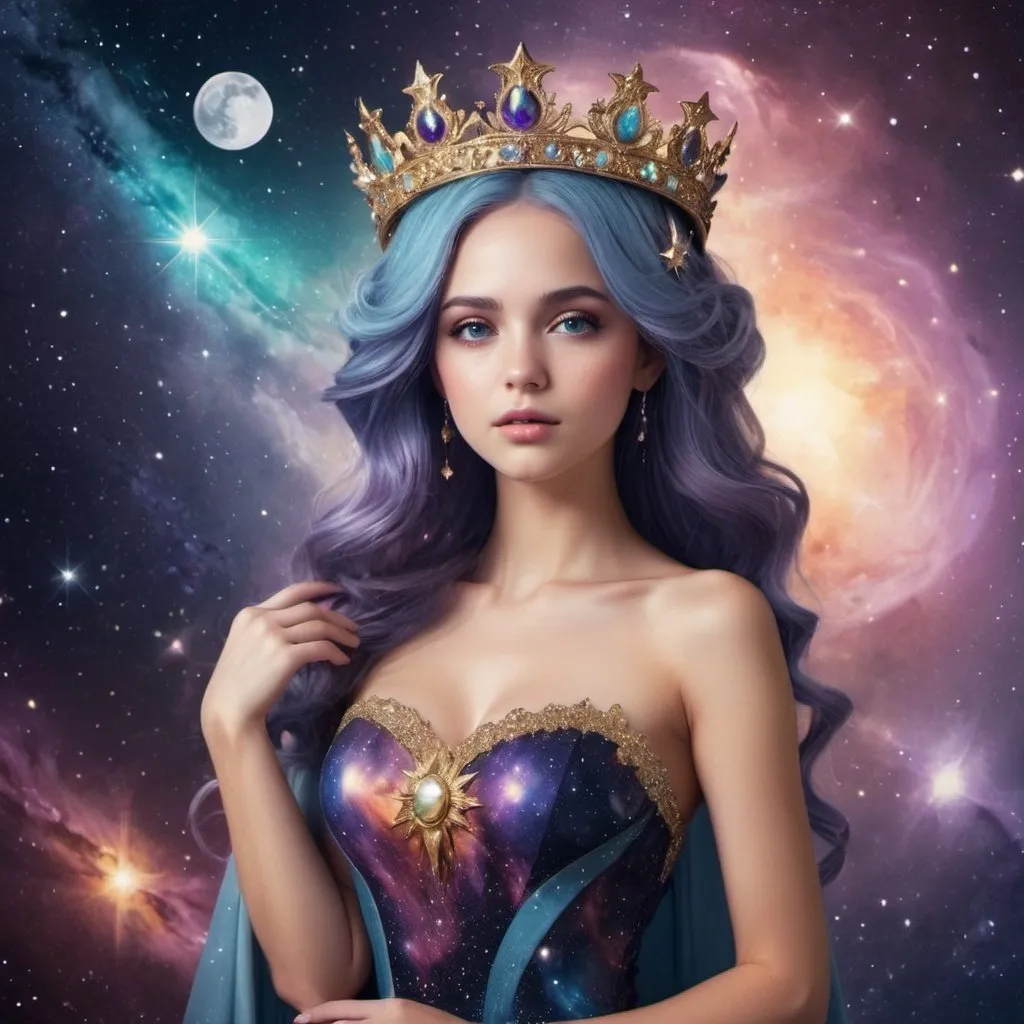 Prompt: Queen of galaxy, grandiose galaxy and luxury dress, galaxy graniose Sun crown, galaxy hair, galaxy, grandiose, luxury, Sun, Moon, fantasy, dreaming 