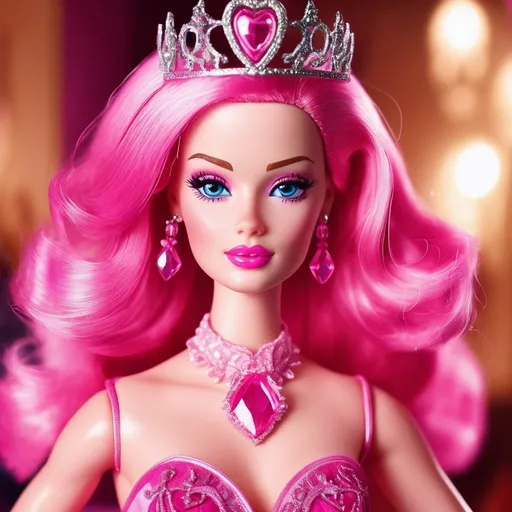 Prompt: barbie, pink, fantasy, dream, women with pink hair and pink love clothers, pink luxury, live in pink dream barbie kingdom, she is pink queen of love, lovely, with blue eyes, she is dangerous, heard queen, queen of love pink, she is evil, demon,