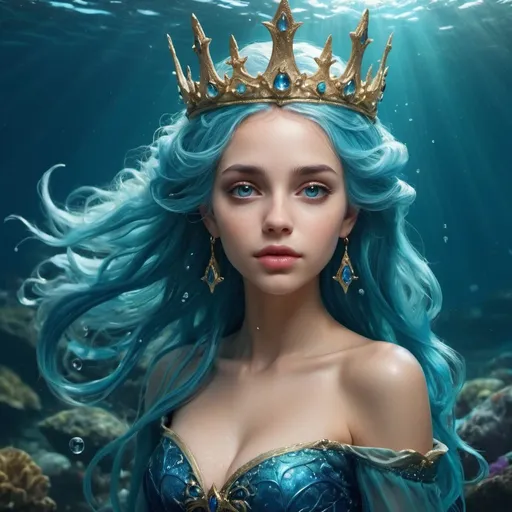 Prompt: Sea girl, elf, fantasy, queen water grandiose dress, she is Queen, grandiose water crown, sea, dreaming, under water world, she has blue ocean hair