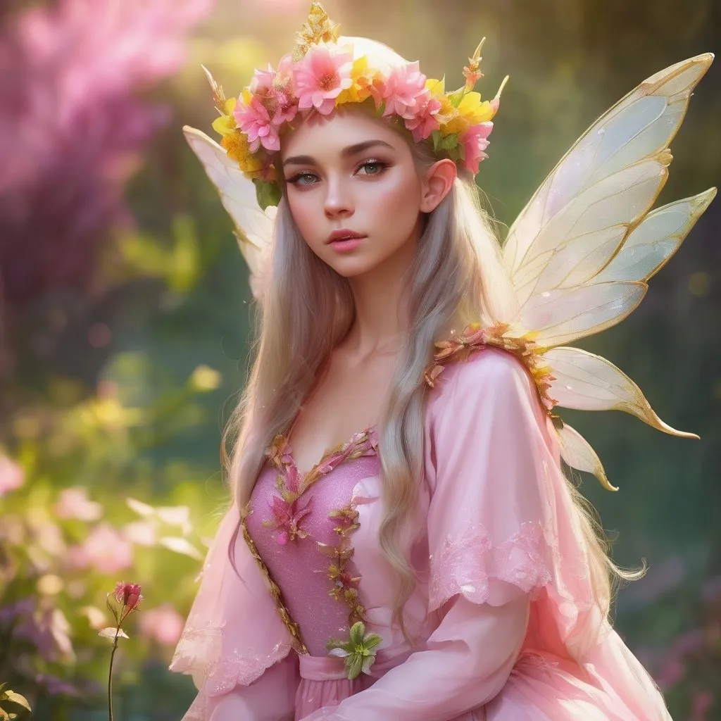 Prompt: Girl, elf, fairy, fantasy, flowers, dreaming, sunny day, pink, green, yellow, natural, she is Queen, grandiose fairy flower dress, grandiose fairy crown, hight quality, grandiose fairy flower wings, in hand she has grandiose fairy flower sceptre