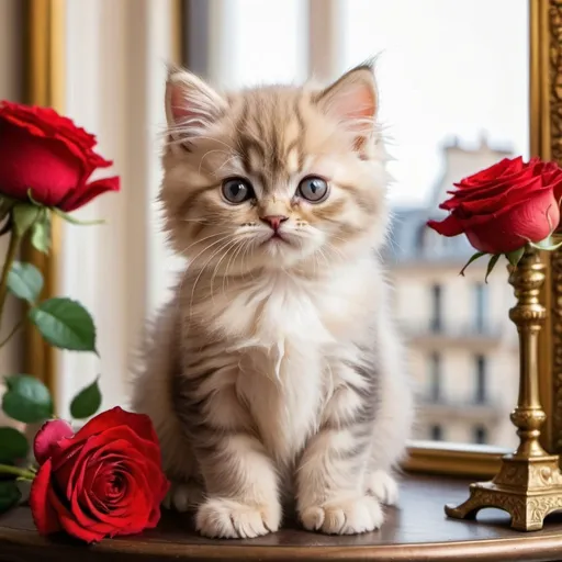 Prompt: Persian kitten is on little table. Kitten is in Paris. Is afternoon. The kitten is Queen. She have luxury. Kitten is between window. Is romance scene. Between kitten is elegance potery with red roses. Behind kitten is elegance image with gold elegance frame. 