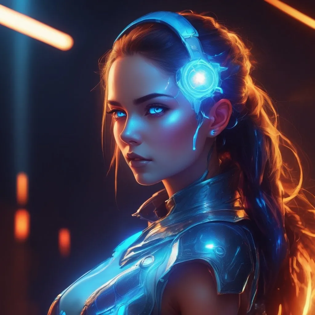 Prompt: women in future, dream, fantasy, hight colors, hight quality, on face light shapes shining in the dark, big fantasy gun, electronic, she wear elastick future fantasy clothers, ready to fight, on clothers one shining hearth in the dark, blue short lightning hear, on head one blue light eye 