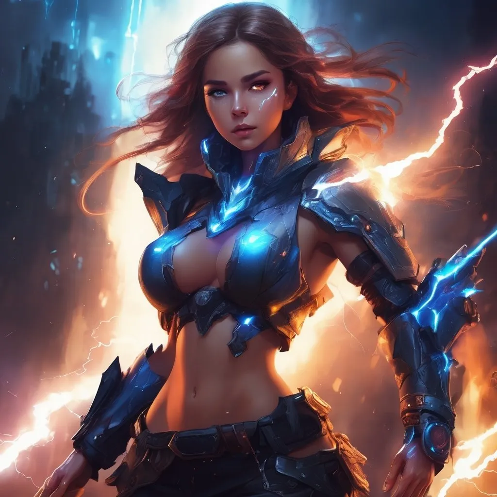 Prompt: women in future,  dream, fantasy, hight colors, hight quality, on face lightning shapes, big fantasy gun, electronic, she wear elastick future fantasy clothers, ready to fight, on clothers one shining hearth in the dark, blue short lightning hear, 