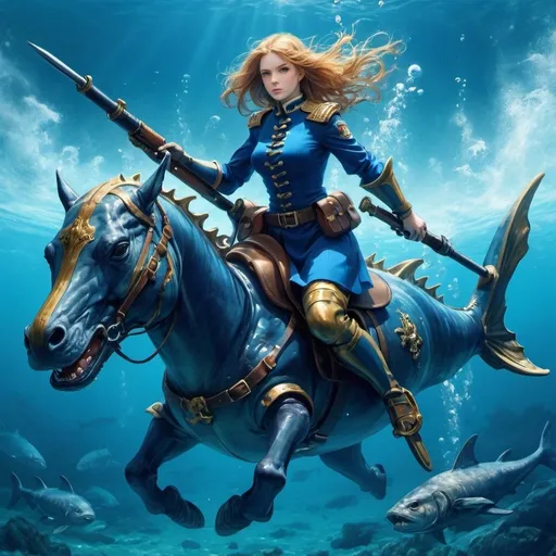 Prompt: Under water fighters from sea, riding on Wales, grandiose, sea, ocean, blue, the wear grandiose blue sea uniforms, hight quality, fantasy, in hand they have sea grandiose water blue weapons 