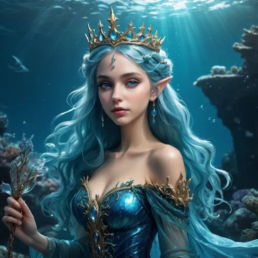 Prompt: Sea girl, elf, fantasy, queen water grandiose dress, she is Queen, grandiose water crown, sea, dreaming, under water world, she has blue ocean hair, in hand she has blue fairy sceptre 