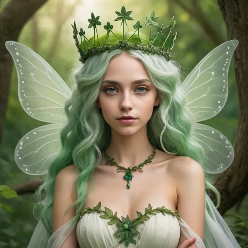 Prompt: queen of earth, grandiose dreaming fairy and natural dress, natural grandiose fairy and dreaming crown, natural green hair, grandiose, dreaming, fairy, natural, she has  natural fairy and grandiose wings
