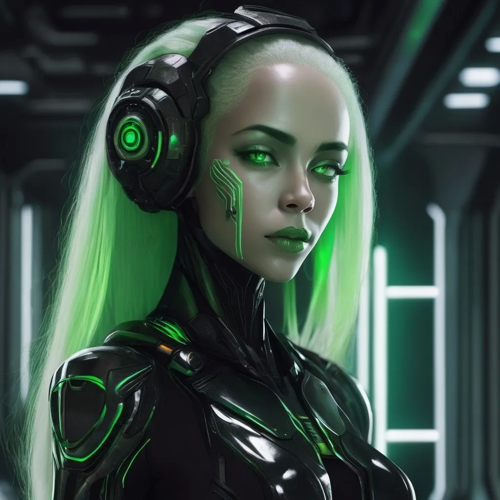 Prompt: Please generate sci-fi women alien, she has light skin with light green lines, from future, light hair, black clothers with light green lines, she has heart shape lips, she has sci-fi future gun,