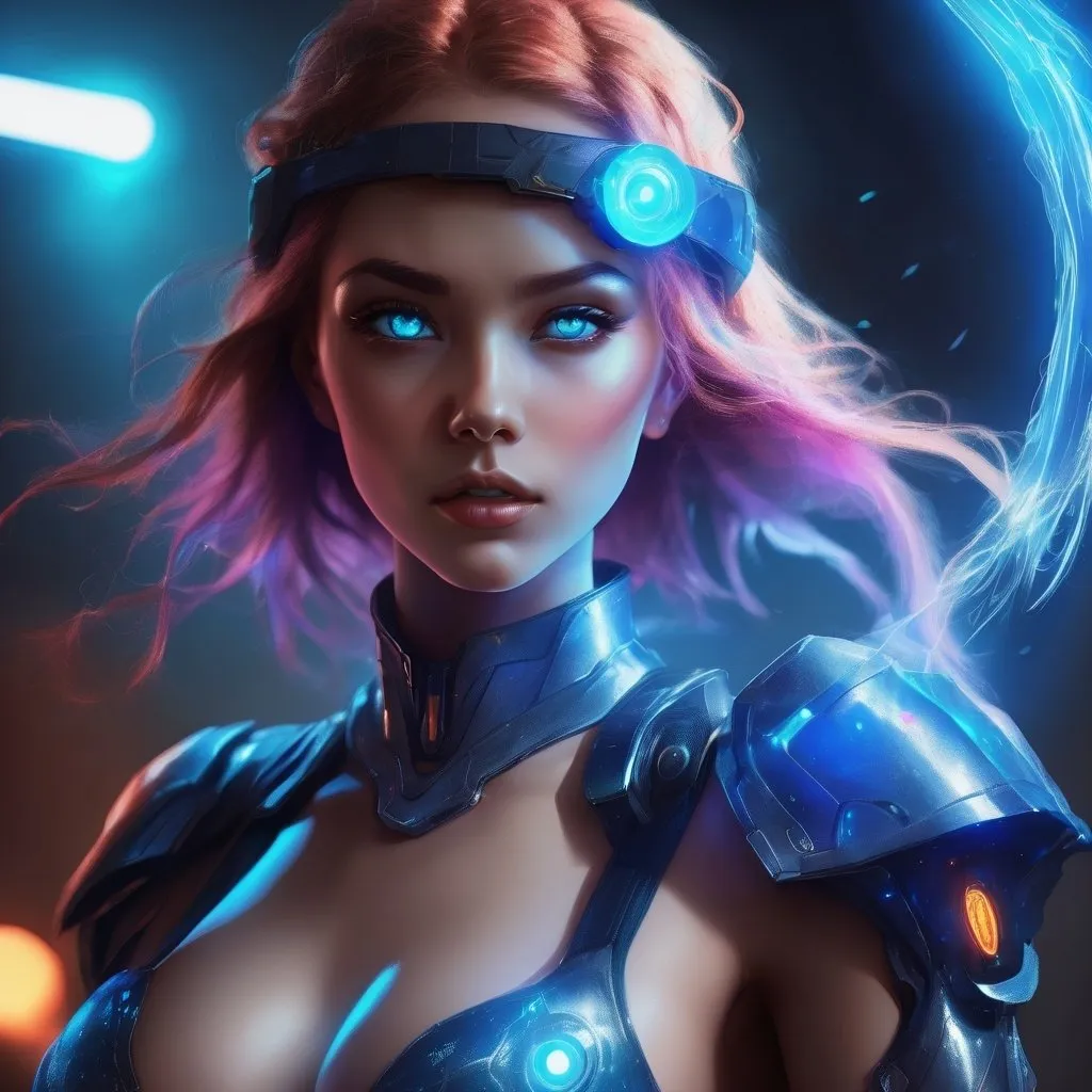 Prompt: women in future, dream, fantasy, hight colors, hight quality, on face light shapes shining in the dark, big fantasy gun, electronic, she wear elastick future fantasy clothers, ready to fight, on clothers one shining hearth in the dark, blue short lightning hear, on head one blue light eye 