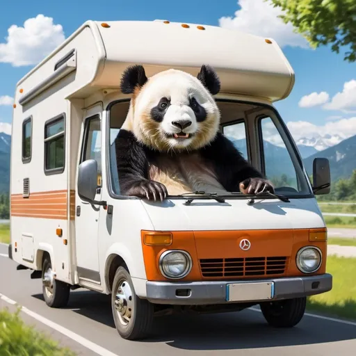 Prompt: Panda driving around in an RV, sunny summerday. Smiling