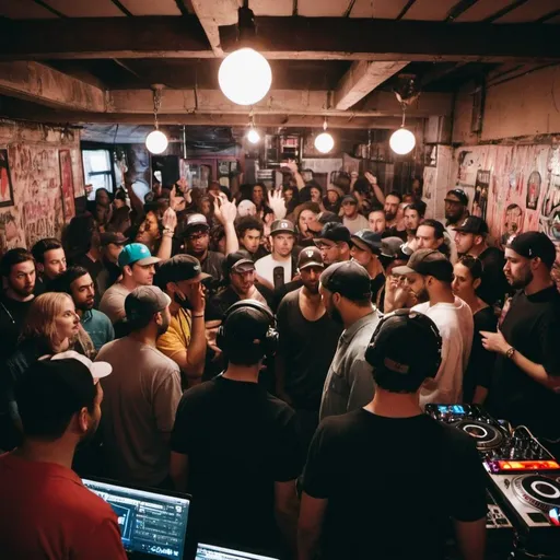Prompt: dj event in a bodega filled with people like Boiler Room

