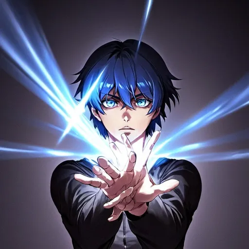 Prompt: Hot anime character with black hair and blue eyes, intense and focused gaze, powerful white energy beam shooting from hands, high school black top, anime style, dramatic lighting, high quality, intense action scene