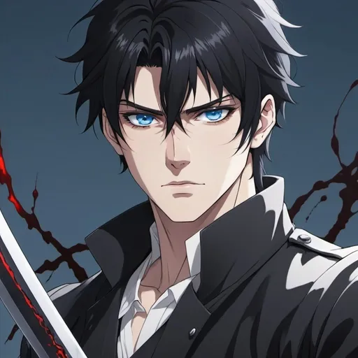 Prompt: A hot anime man with black hair and blue eyes is about to kill you with grace and no blood