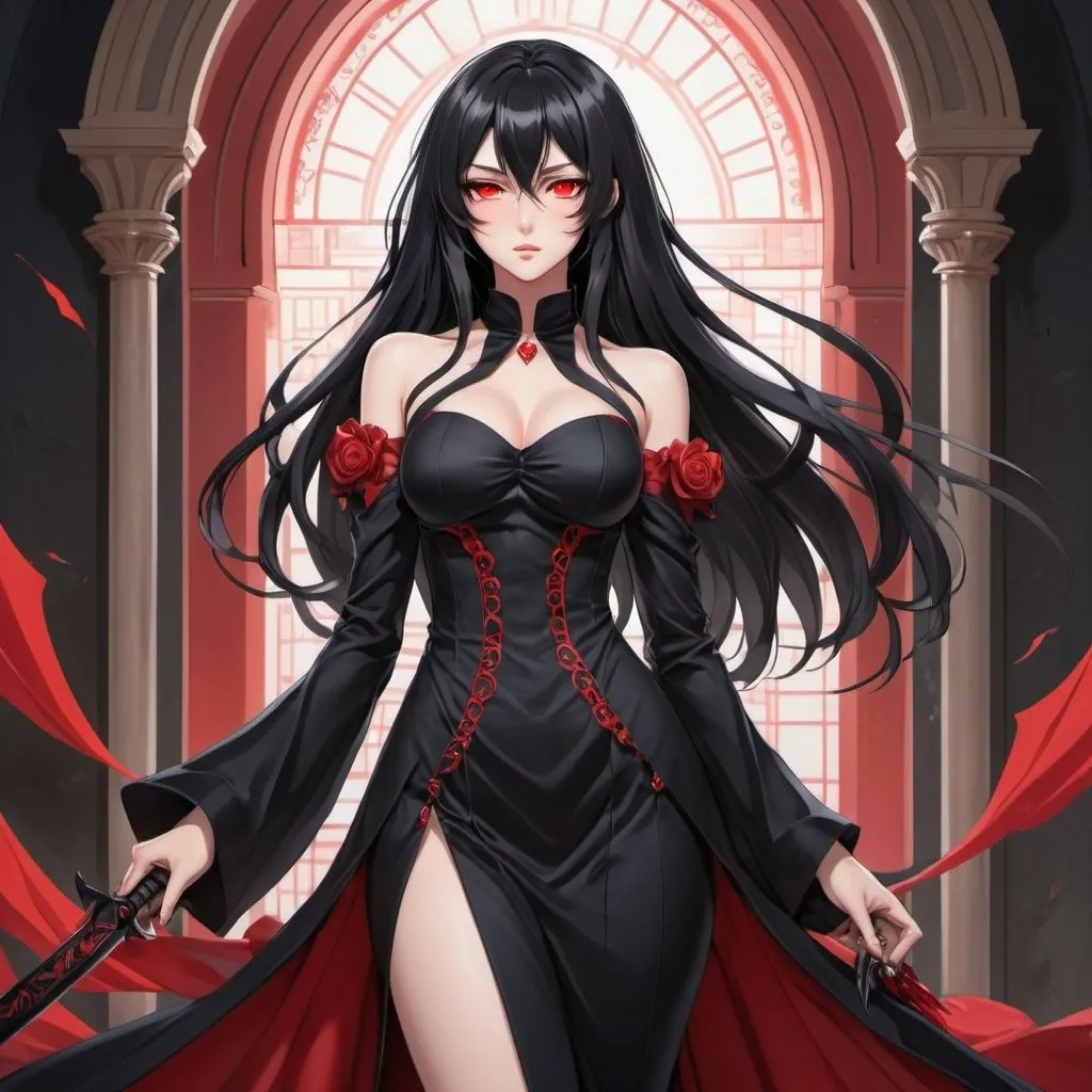 Prompt: An anime (((girl with luxurious long black hair and (((beautiful red eyes))))) standing confidently with two elegantly sharp ((knives)) extended forward, wearing a black flowing dress black red claws elegant pointy red center human boyfriend