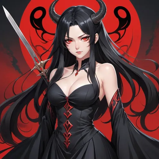 Prompt: An anime (((girl with luxurious long black hair and (((beautiful red eyes))))) standing confidently with two elegantly sharp ((knives)) extended forward, wearing a black flowing dress black horns in head claws pointy red center human boyfriend behind her