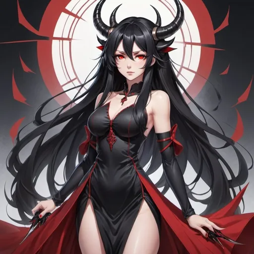 Prompt: An anime (((girl with luxurious long black hair and (((beautiful red eyes))))) standing confidently with two elegantly sharp ((knives)) extended forward, wearing a black flowing dress black horns in head claws pointy red center