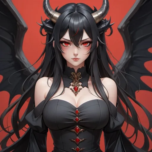Prompt: An anime (((girl with luxurious long black hair and (((beautiful red eyes))))) standing confidently with two elegantly sharp ((knives)) extended forward, wearing a black flowing dress black horns in head claws black wings