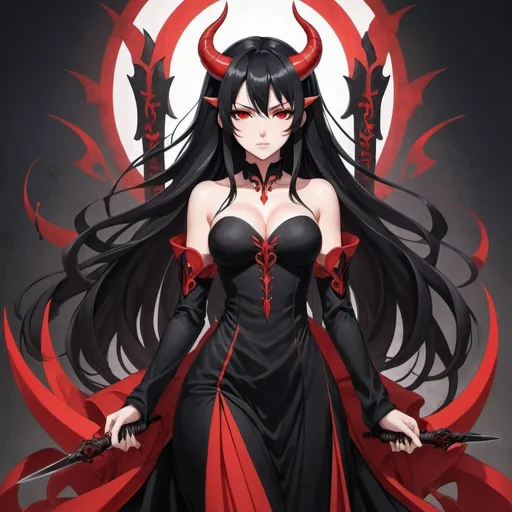 Prompt: An anime (((girl with luxurious long black hair and (((beautiful red eyes))))) standing confidently with two elegantly sharp ((knives)) extended forward, wearing a black flowing dress black horns in head claws pointy red center