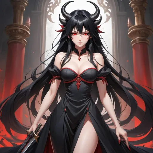 Prompt: An anime (((girl with luxurious long black hair and (((beautiful red eyes))))) standing confidently with two elegantly sharp ((knives)) extended forward, wearing a black flowing dress black horns in head claws