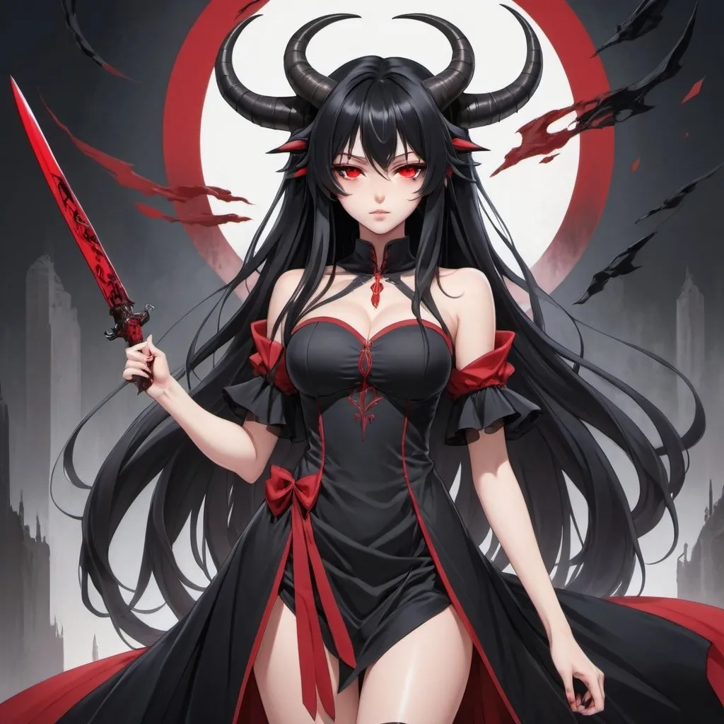 Prompt: An anime (((girl with luxurious long black hair and (((beautiful red eyes))))) standing confidently with two elegantly sharp ((knives)) extended forward, wearing a black flowing dress black horns in head claws pointy red center human boyfriend behind her