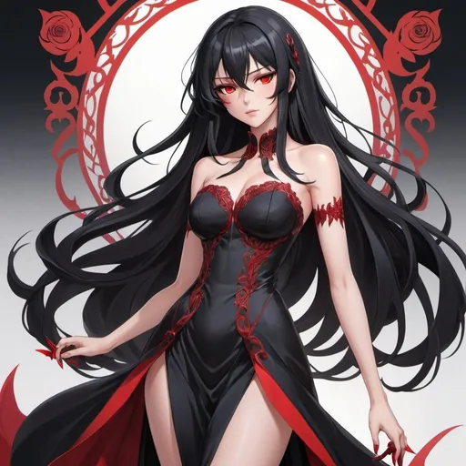 Prompt: An anime (((girl with luxurious long black hair and (((beautiful red eyes))))) standing confidently with two elegantly sharp ((knives)) extended forward, wearing a black flowing dress black red claws elegant pointy red center blushed