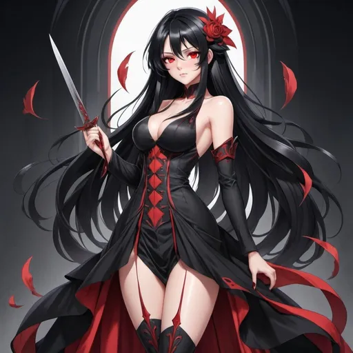 Prompt: An anime (((girl with luxurious long black hair and (((beautiful red eyes))))) standing confidently with two elegantly sharp ((knives)) extended forward, wearing a black flowing dress black red claws elegant pointy red center red blush in face
