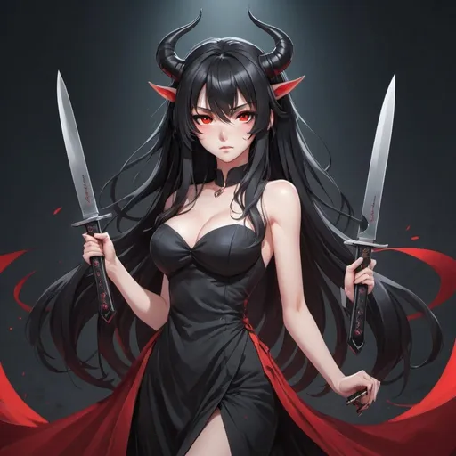 Prompt: An anime (((girl with luxurious long black hair and (((beautiful red eyes))))) standing confidently with two elegantly sharp ((knives)) extended forward, wearing a black flowing dress black horns in head