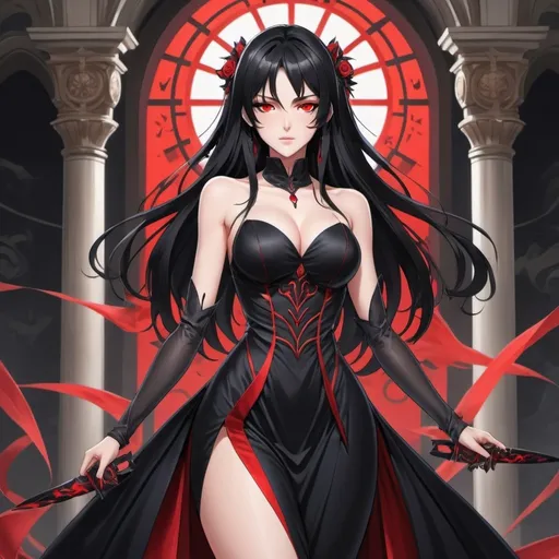 Prompt: An anime (((girl with luxurious long black hair and (((beautiful red eyes))))) standing confidently with two elegantly sharp ((knives)) extended forward, wearing a black flowing dress black red claws elegant pointy red center human boyfriend