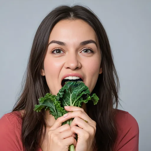 Prompt: front view of woman biting and clenching single kale leaf. Show lips and teeth. Happy expression