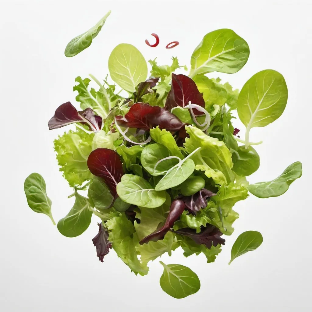 Prompt: mixed salad leaves floating in air against plain white background