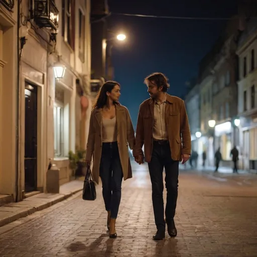 Prompt: a man and a women walking in a street at night