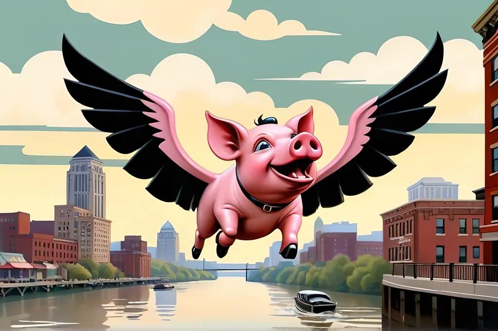 Prompt: original art deco illustration, the flying pigs of rivertown, cincinnati, ohio, riverfront