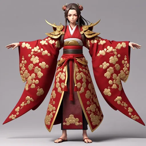 Prompt: <mymodel> wearing a red, gold embroidered armor kimono fusion.