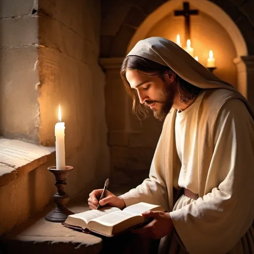 Prompt: (Jesus with a nun reading Bible), serene atmosphere, warm light illuminating the scene, soft focus, peaceful expressions on their faces, richly textured background of an old chapel, scriptural elements like candlelight and ancient manuscripts, (ultra-detailed), profound sense of spirituality and calmness, harmoniously blended colors creating a divine ambiance.