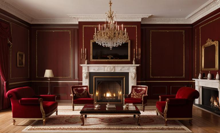 Prompt: color photorealistic picture, enormous fire place with huge mantel in a luxury living room with dark red velvet furniture, 18th century, France
