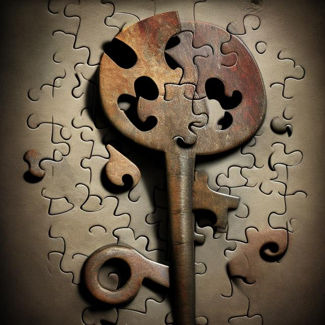 Prompt: Stylized key with puzzle pieces forming its teeth, bold font 'Riddle Realm', detailed, fantasy, mystical, puzzle key, subtle shadows, foggy atmosphere, enigmatic, antique design, symbolic, unlocking secrets, atmospheric lighting, questions marks in the background 