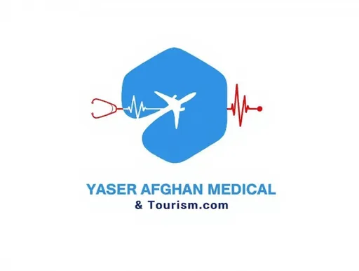 Prompt: This image is a digital logo for "Yaser Afghan Medical & Tourism.com." The logo features a stylized, geometric blue hexagon in the center, with a white silhouette of an airplane inside. To the left of the hexagon, there is a red stethoscope with a white outline, extending from the left edge of the hexagon. To the right of the hexagon, a red ECG line with a single red dot at the end extends from the right edge. The blue hexagon and airplane are the main focal points, symbolizing healthcare and travel. Below the hexagon, the text "Yaser Afghan Medical" is written in bold, blue, uppercase letters. Directly beneath this, the website "Tourism.com" is in smaller, dark blue, uppercase letters. The background is plain white, providing a clean and professional look. The overall design is modern and minimalist, using a limited color palette of blue, red, white, and dark blue. The logo combines elements of healthcare and travel, suggesting a medical tourism service. The textures are smooth and flat, typical of digital vector art.