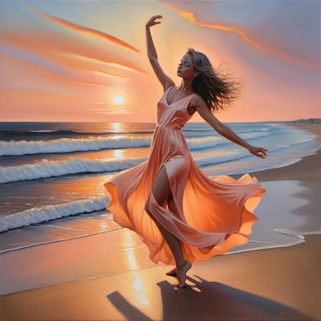 Prompt: oil painting of a girl dancing in front of a beautiful sunset, wearing a long silky dress, peach color, doing a leg hold, extended, on the beach, the sun half set, 