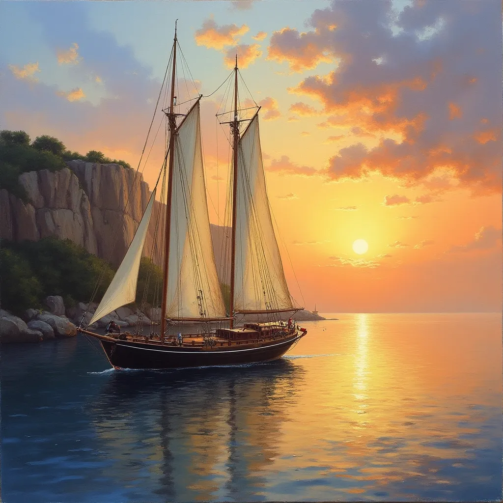 Prompt: oil painting of a sailing schooner, anchored in bay, at sunset , cliff in background.