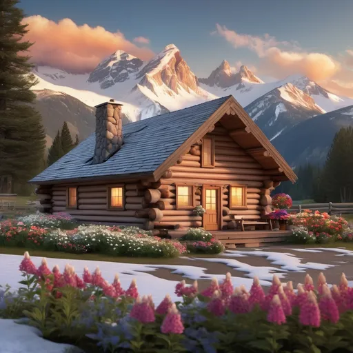 Prompt: realistic photo of a quaint log cabin, snow covered peaks in the background, flowers in the foreground, at sunset