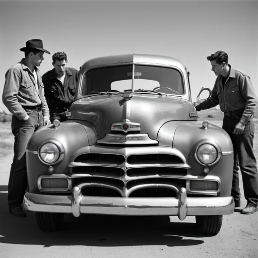 Prompt: Photo of 1949 dodge from the front, with hood open, and 4 men in their 20s in 1950s style jeans from the back, looking at the engine, dramatic in the style of Dirk Braeckman, B&W