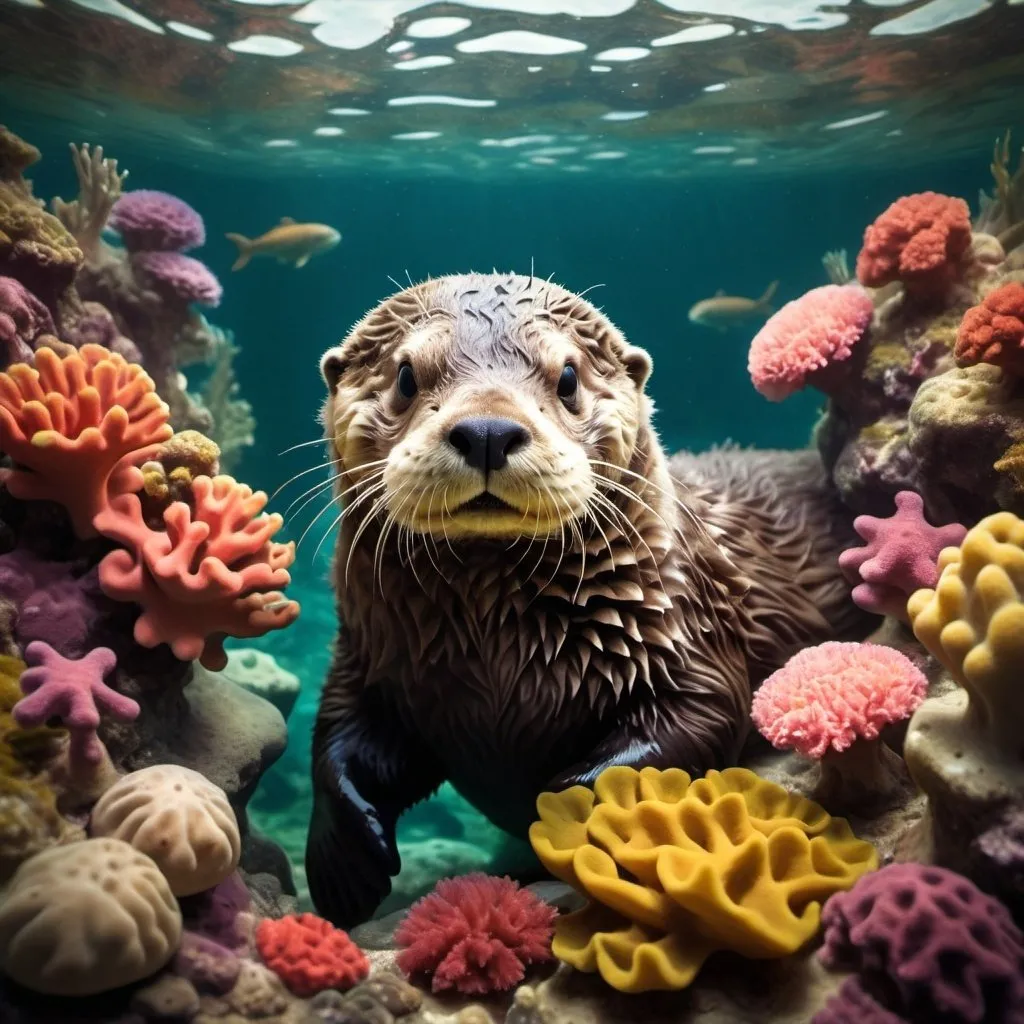 Prompt: Holga photography, a cute sea otter,in a surreal underwater scene, surrounded by colorful coral, in the style of m.c. escher