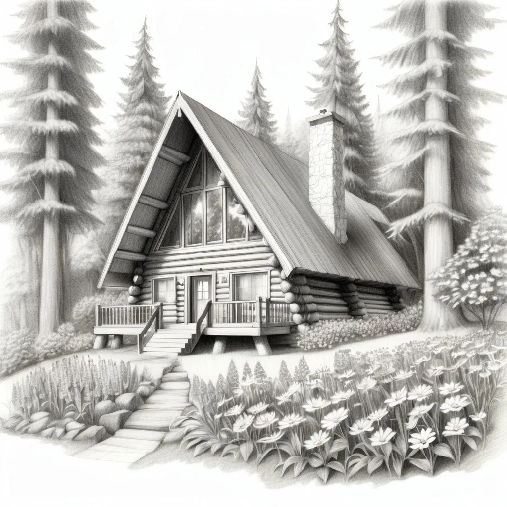 Prompt: pencil sketch of a log a-frame cabin surrounded by large trees and flowers with white background